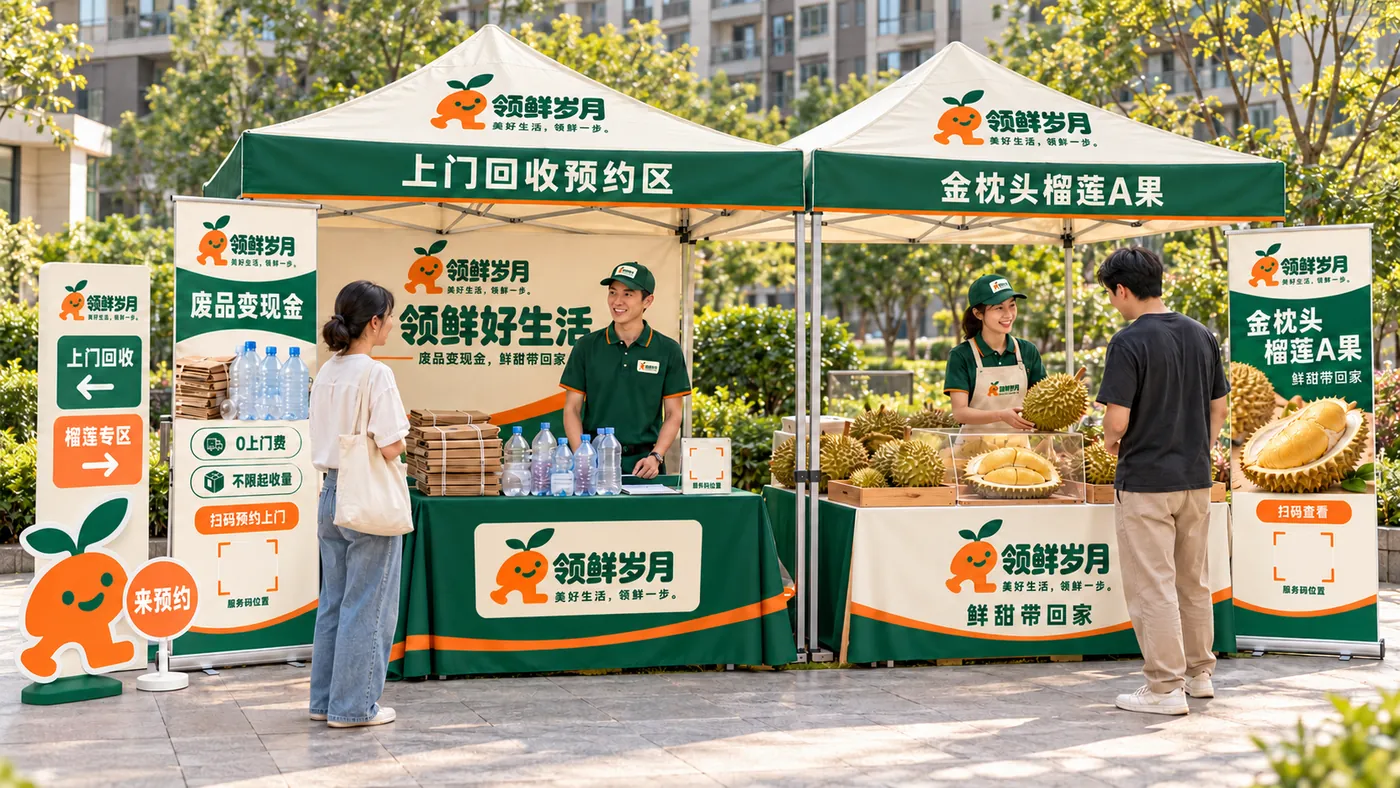 领鲜岁月小区活动现场:上门回收预约区与金枕头榴莲专区