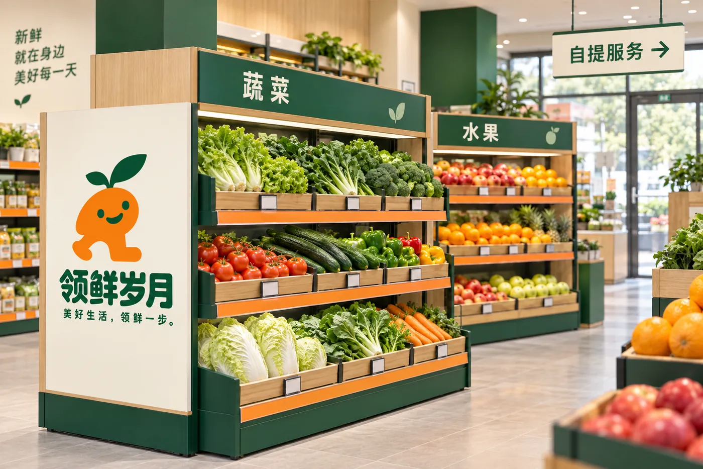 领鲜岁月门店生鲜货架效果图