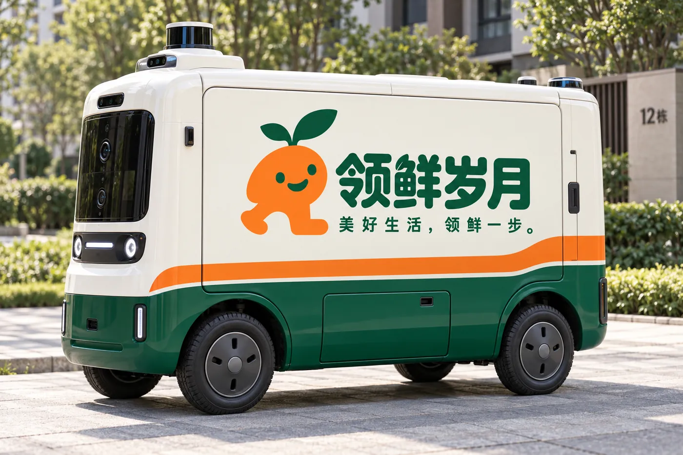 领鲜岁月品牌无人配送车在社区道路行驶(效果图)
